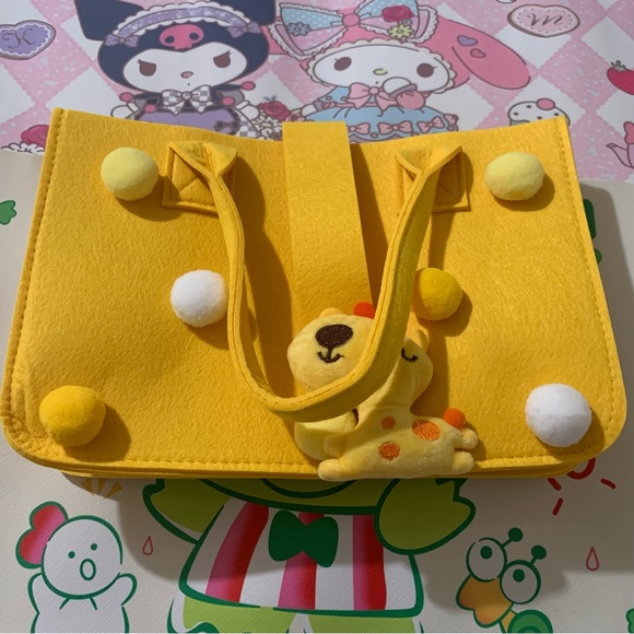 Storage Bin Design Purse with Giraffe Plush Button and Pompoms - Picture 1 of 9